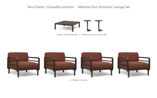 Nardi Maximo Four Armchair Lounge Set – Terra frame / Cannella cushions