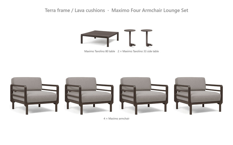 Load image into Gallery viewer, Nardi Maximo Four Armchair Lounge Set – Terra frame / Lava cushions
