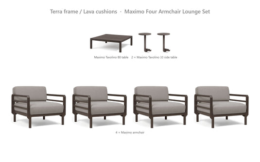 Nardi Maximo Four Armchair Lounge Set – Terra frame / Lava cushions