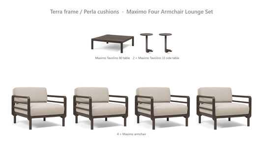 Nardi Maximo Four Armchair Lounge Set – Terra frame / Perla cushions