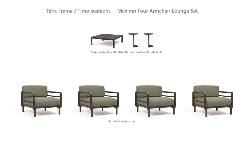 Load image into Gallery viewer, Nardi Maximo Four Armchair Lounge Set – Terra frame / Timo cushions
