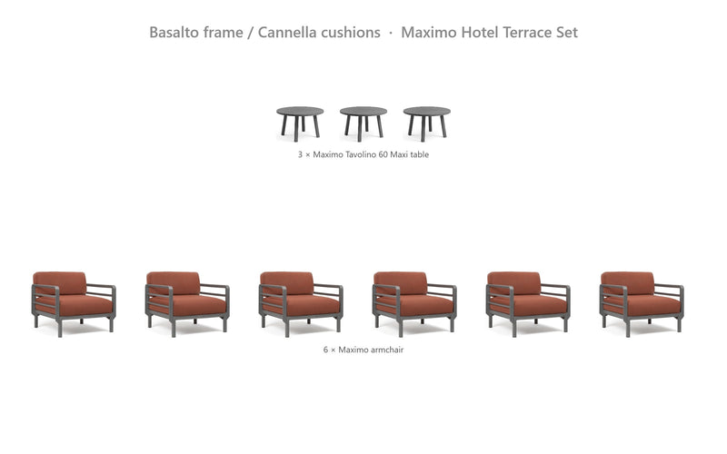 Load image into Gallery viewer, Nardi Maximo Hotel Terrace Set – Basalto frame / Cannella cushions
