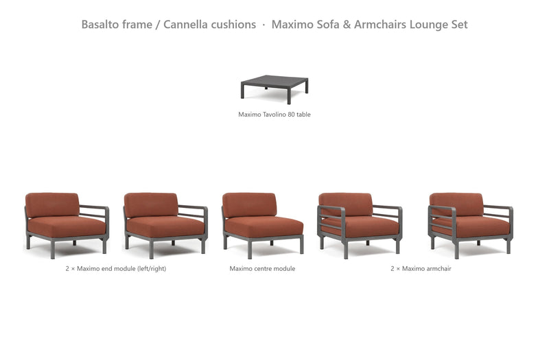 Load image into Gallery viewer, Nardi Maximo Sofa &amp; Armchairs Lounge Set – Basalto frame / Cannella cushions
