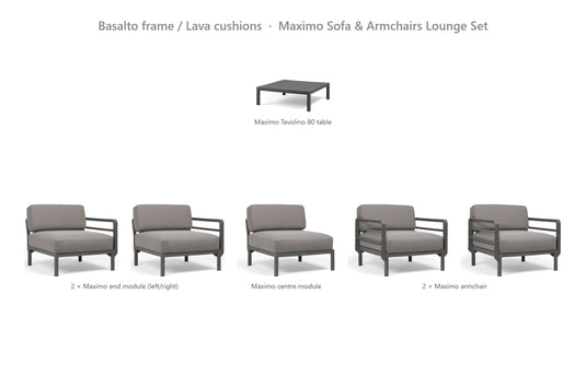 Nardi Maximo Sofa & Armchairs Lounge Set – Basalto frame / Lava cushions