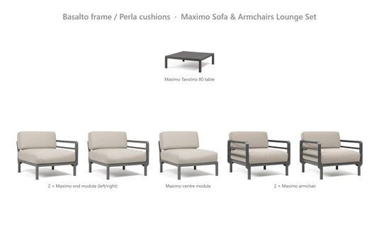 Nardi Maximo Sofa & Armchairs Lounge Set – Basalto frame / Perla cushions