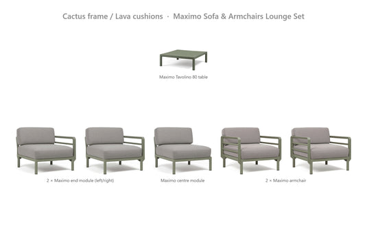 Nardi Maximo Sofa & Armchairs Lounge Set – Cactus frame / Lava cushions