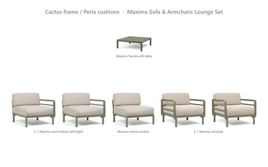 Nardi Maximo Sofa & Armchairs Lounge Set – Cactus frame / Perla cushions