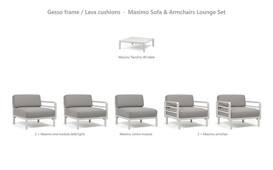 Nardi Maximo Sofa & Armchairs Lounge Set – Gesso frame / Lava cushions