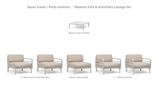 Nardi Maximo Sofa & Armchairs Lounge Set – Gesso frame / Perla cushions