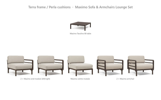 Nardi Maximo Sofa & Armchairs Lounge Set – Terra frame / Perla cushions