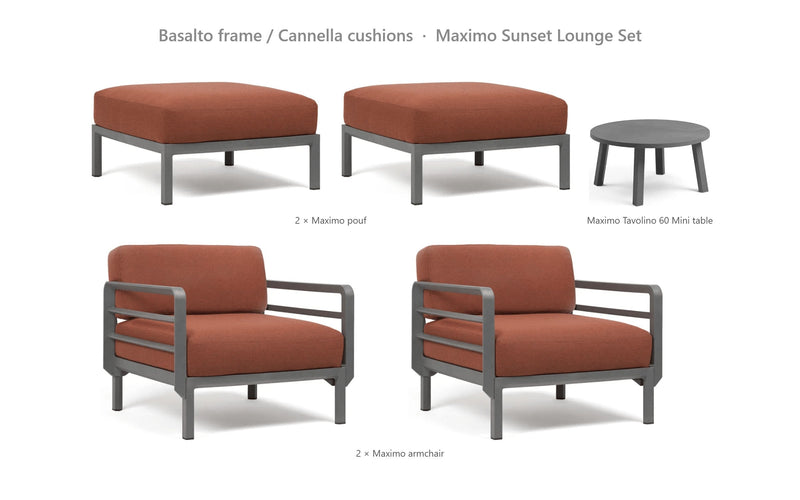 Load image into Gallery viewer, Nardi Maximo Sunset Lounge Set – Basalto frame / Cannella cushions
