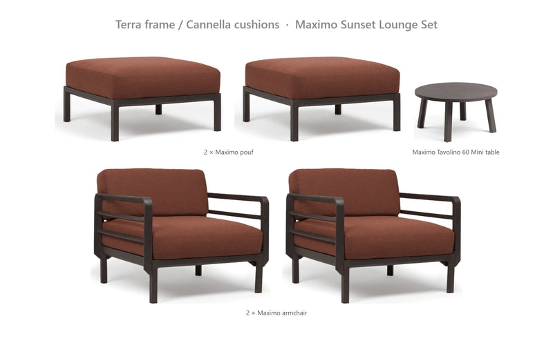 Load image into Gallery viewer, Nardi Maximo Sunset Lounge Set – Terra frame / Cannella cushions
