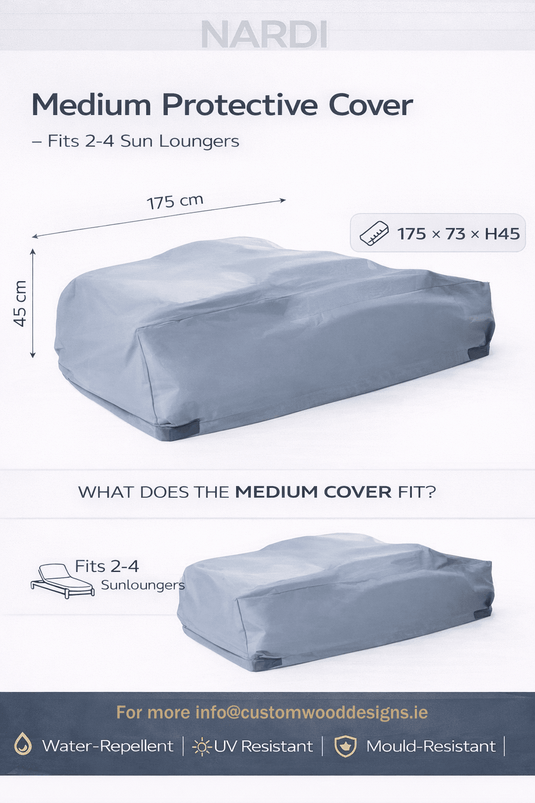 Nardi Outdoor Furniture Covers M fits 2-4 sunloungers - Custom Wood DesignsNardi outdoor furniture covers for 2-4 sunloungers, Komodo series, protecting outdoor loungers from weather in IrelandOutdoor Nardi Covers Komodo24575192962711M (2/4 sunloungers / Plano max. 3)