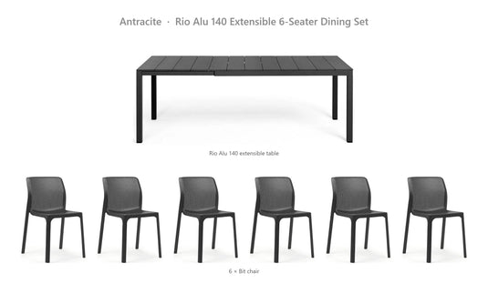 Nardi Rio Alu 140 Extensible 6-Seater Dining Set – Antracite