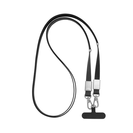 XD Xclusive Nivo RCS recycled PET crossbody lanyard with custom wood design for phone and tablet accessories in black zinc alloy.