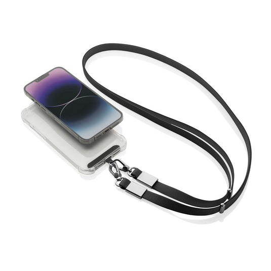 XD Xclusive Nivo RCS recycled PET crossbody lanyard with custom wood design for phone and tablet accessories, black zinc alloy clips.