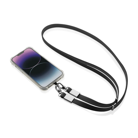 XD Xclusive Nivo RCS recycled PET crossbody lanyard with custom wood design for phone and tablet accessories