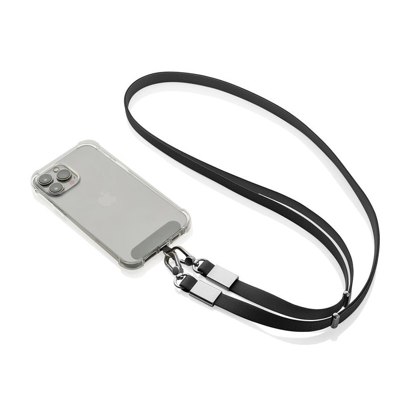 Load image into Gallery viewer, XD Xclusive Nivo RCS recycled PET crossbody lanyard with custom wood design for phones and tablets.
