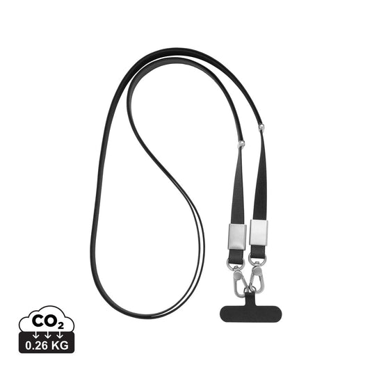 XD Xclusive Nivo RCS recycled PET crossbody lanyard with custom wood design, suitable for phone and tablet accessories.