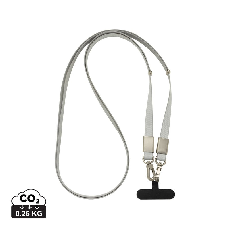 Load image into Gallery viewer, XD Xclusive Nivo RCS recycled PET crossbody lanyard with custom wood design for phones and tablets, grey zinc alloy accents.
