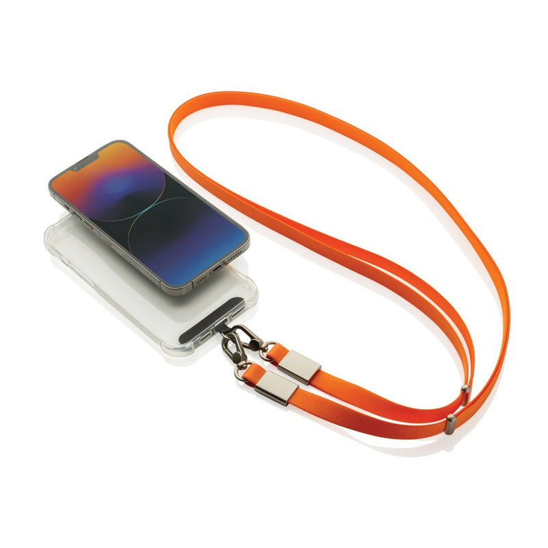 Load image into Gallery viewer, XD Xclusive Nivo RCS recycled PET crossbody lanyard with custom wood design, for phones and tablets, in zinc alloy orange finish
