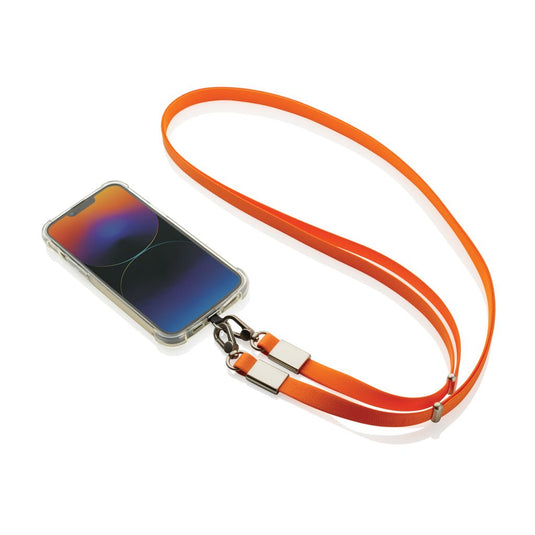 XD Xclusive Nivo RCS recycled PET crossbody lanyard with custom wood design, ideal for phones and tablets.