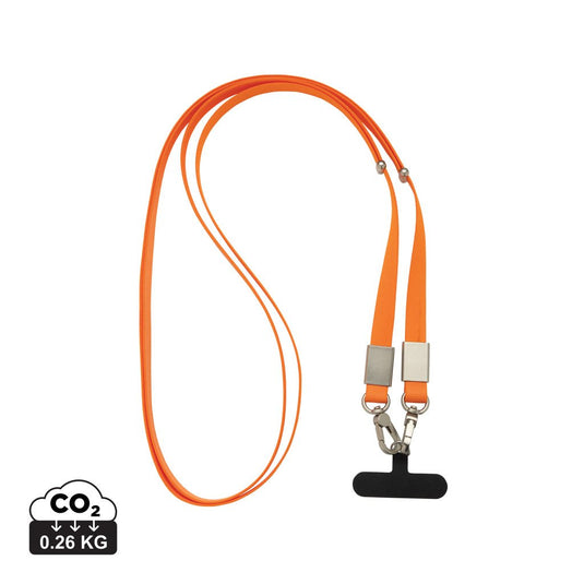 XD Xclusive Nivo RCS recycled PET crossbody lanyard with custom wood design for phone and tablet accessories, in orange and zinc alloy.