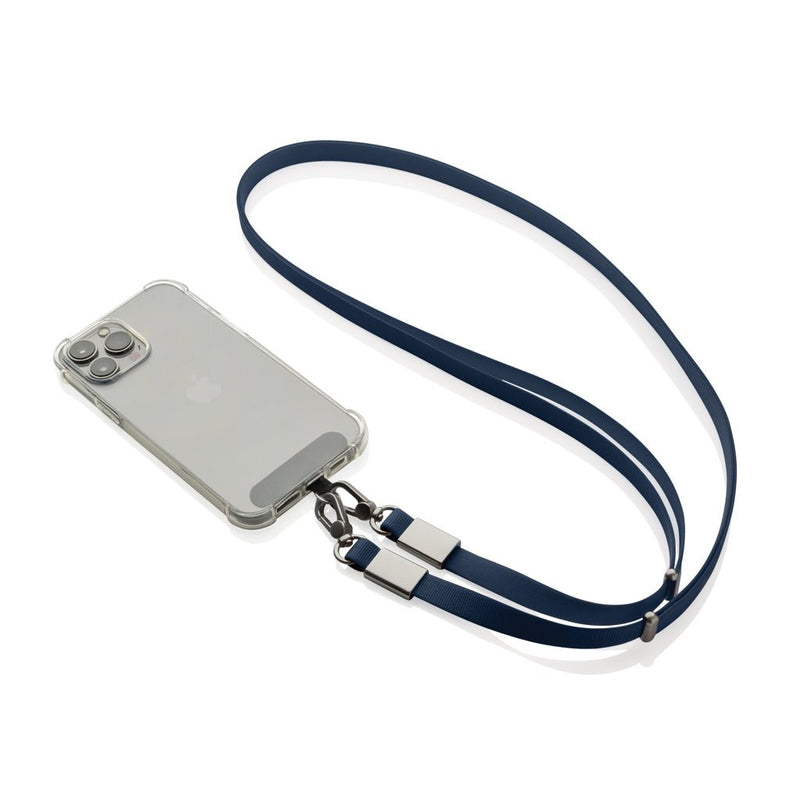 Load image into Gallery viewer, XD Xclusive Nivo RCS recycled PET crossbody lanyard with custom wood design, navy color, suitable for phones and tablets.
