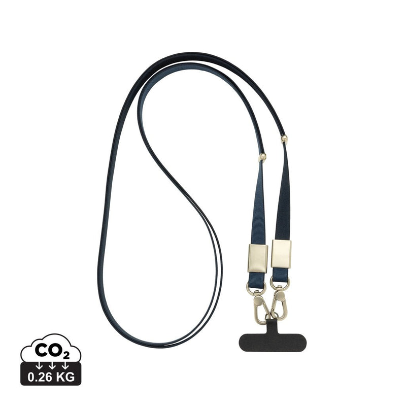 Load image into Gallery viewer, Nivo RCS recycled PET crossbody lanyard by XD Xclusive with custom wood design, navy color, for phone and tablet accessories.

