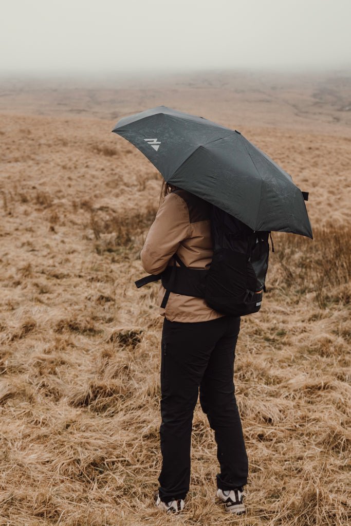 Load image into Gallery viewer, Nordic Drift Trail 23" AWARE™ RPET Auto open Close UPF 50+ p - Custom Wood DesignsNordic Drift 23-inch AWARE RPET umbrella with auto open and close mechanism, UV protection UPF 50+ showing its canopy and handleUmbrellasND160.0001rPET,Fibreglassblack
