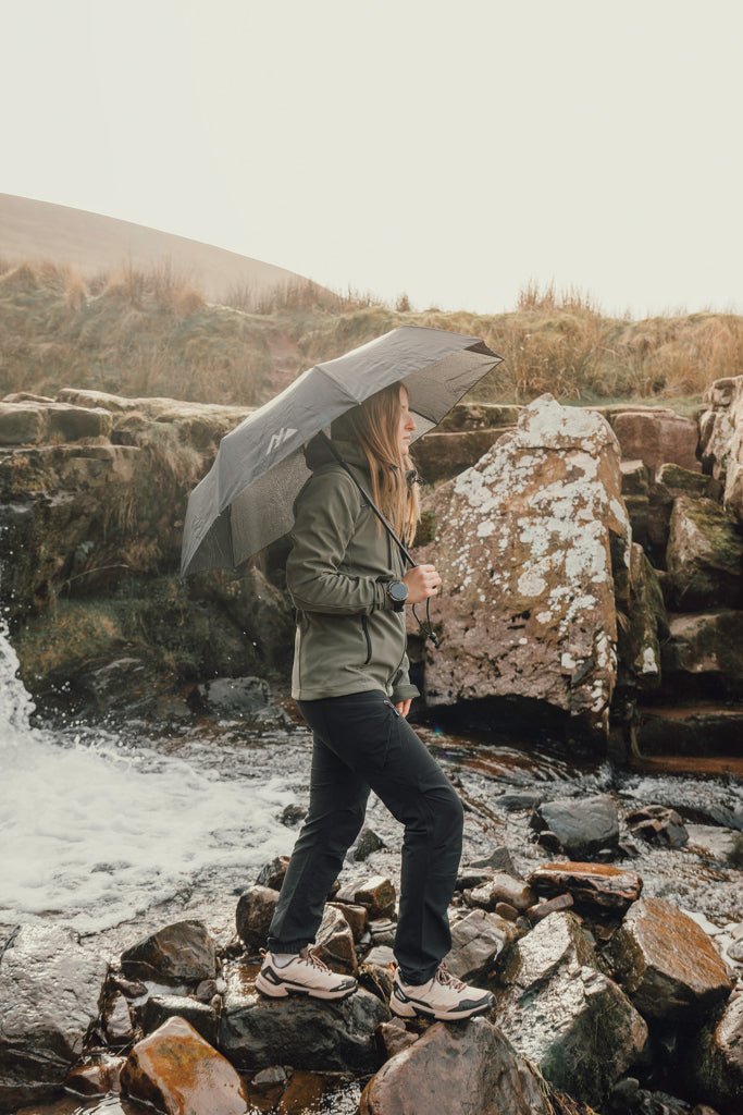 Load image into Gallery viewer, Nordic Drift Trail 23" AWARE™ RPET Auto open Close UPF 50+ p - Custom Wood DesignsNordic Drift 23-inch AWARE™ RPET auto open-close umbrella with UPF 50+ sun protection, featuring a compact design and sturdy handle.UmbrellasND160.0001rPET,Fibreglassblack
