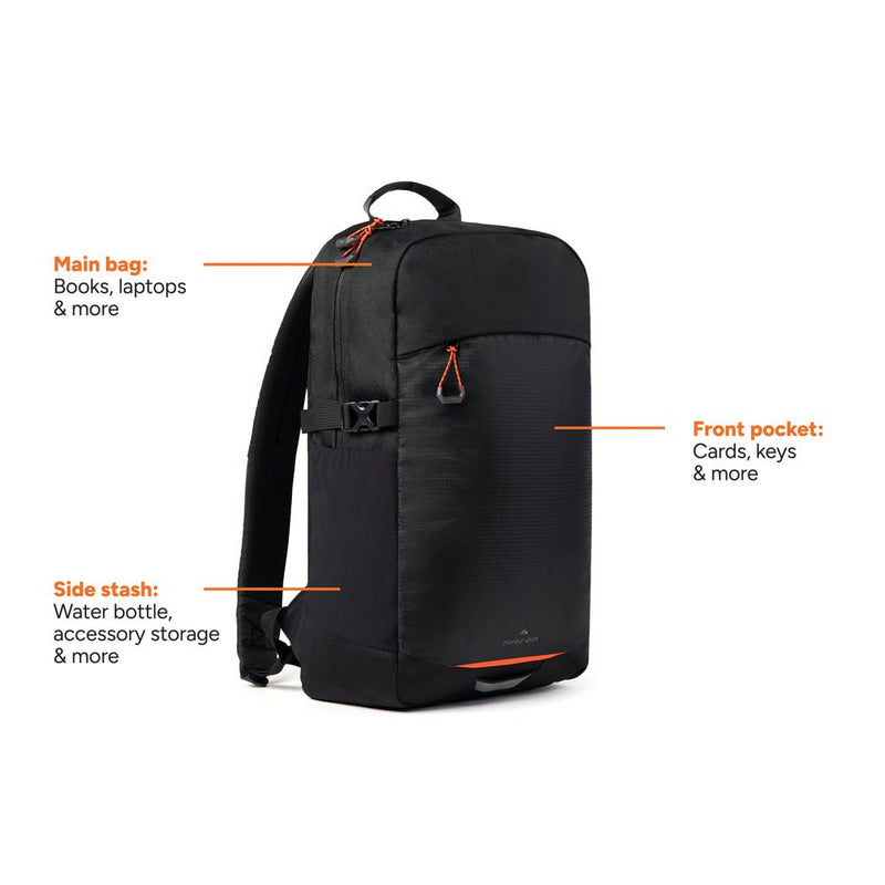 Load image into Gallery viewer, Nordic Drift Trail RCS daypack 16L - Custom Wood DesignsNordic Drift Trail RCS 16L daypack showing its compact design, adjustable straps, and exterior zipper pockets for travel and outdoor use.Bags &amp; TravelND200.0201rPET,rPETblack
