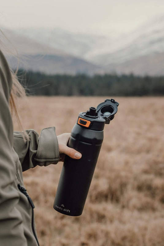 Nordic Drift Trail RCS Insulated Lockable Sports Bottle - Custom Wood DesignsNordic Drift insulated sports bottle with lockable lid, durable drinkware for outdoor activities, silver color, model ND310.DrinkwareND310.0101Recycled Stainless steel,Polypropyleneblack