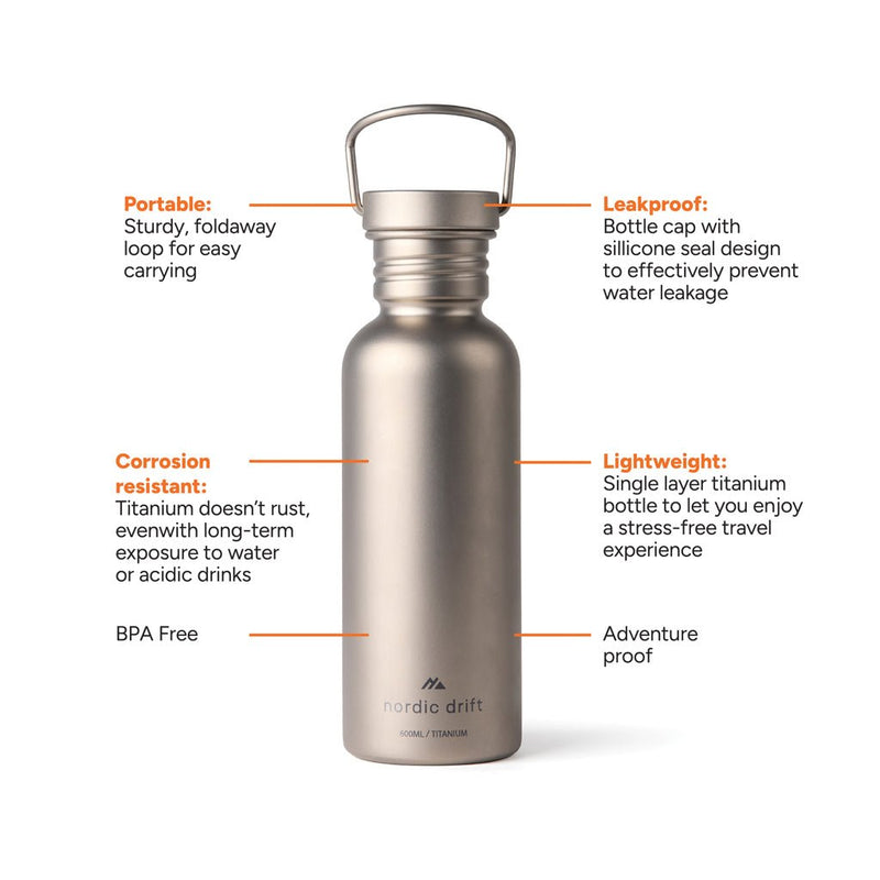 Load image into Gallery viewer, Nordic Drift Trail Ultra Light Titanium 600ml Water Bottle - Custom Wood DesignsNordic Drift Ultra Light Titanium 600ml water bottle, sleek drinkware with a silver finish and secure lid, ideal for outdoor activities.DrinkwareND340.0002Titanium,Polypropylenesilver
