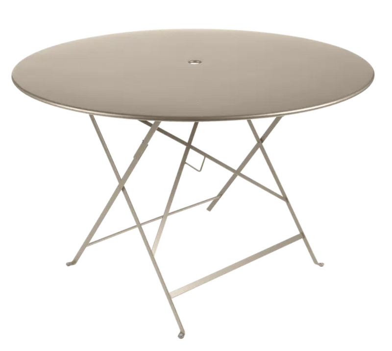Load image into Gallery viewer, Fermob Bistro round outdoor dining table, 117cm diameter, beige metal six-seater with a classic design.
