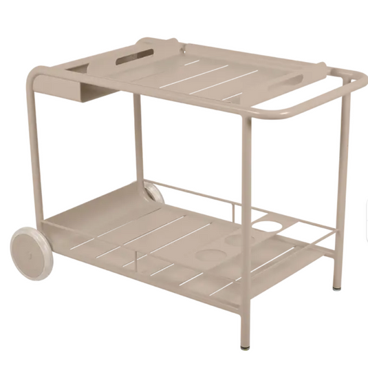 Fermob Luxembourg side bar trolley with wheels, nutmeg color, designed for restaurant terrace drinks service