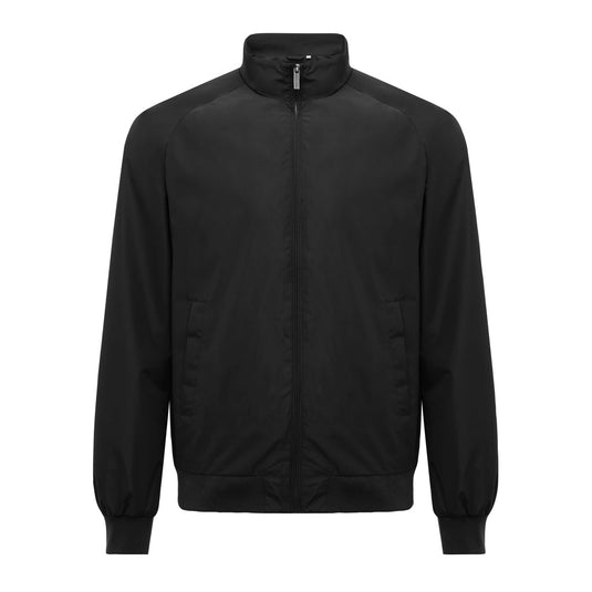 Iqoniq Odin recycled polyester urban jacket with custom wood design, black textile fabric, suitable for casual or urban wear.