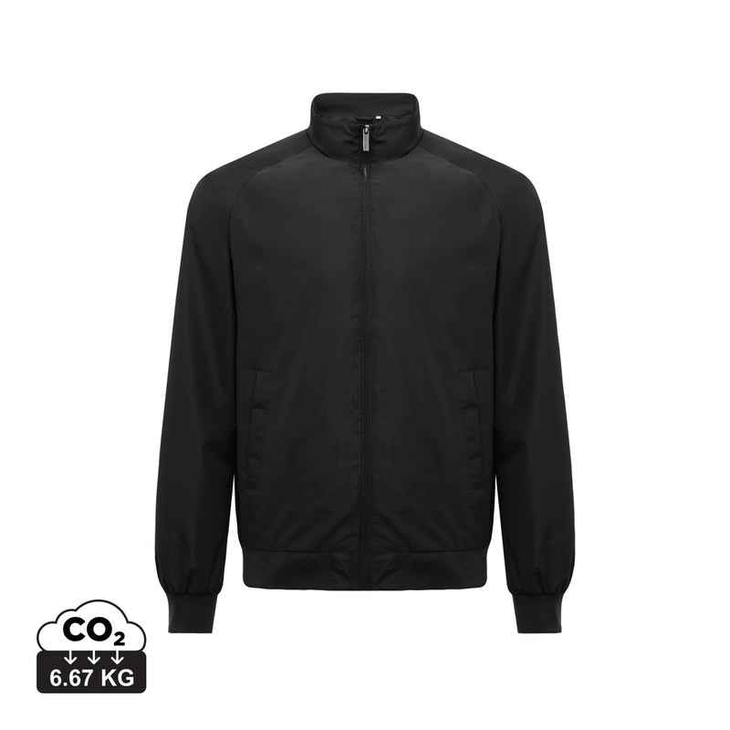 Load image into Gallery viewer, Iqoniq Odin recycled polyester urban jacket in black with custom wood design, showcasing a modern textile jacket style.
