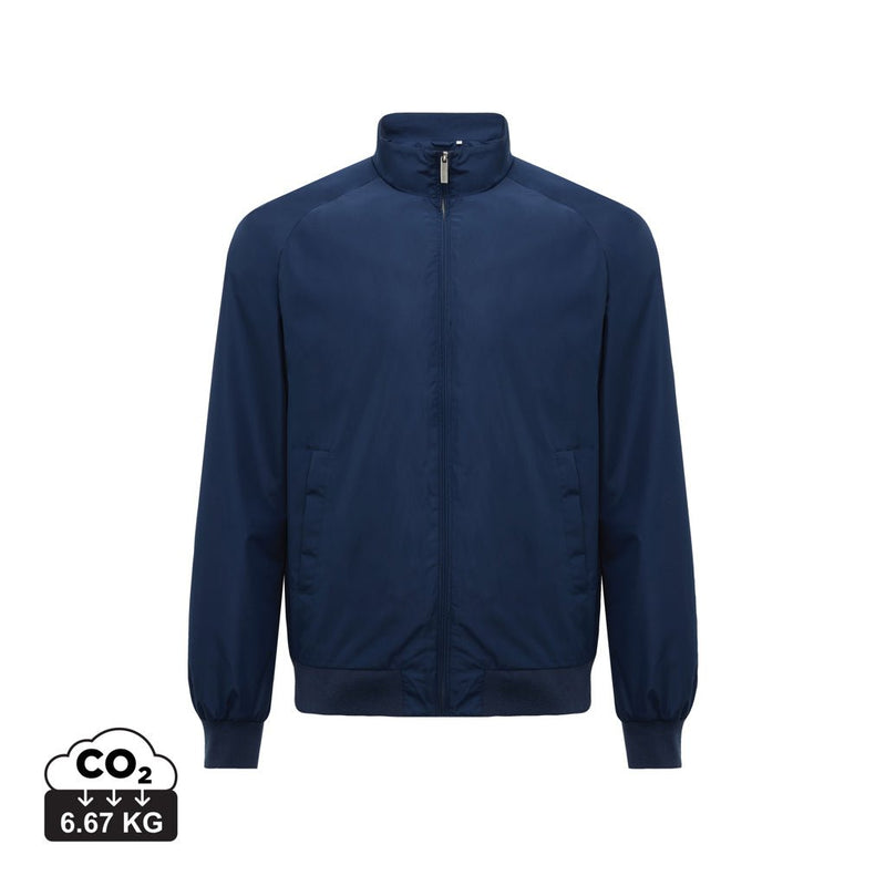 Load image into Gallery viewer, iqoniq Odin recycled polyester urban jacket with custom wood design, navy textile, suitable for casual wear, size XL.
