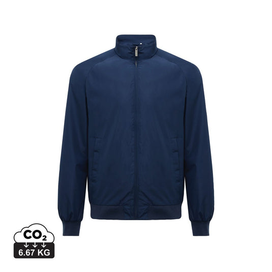 iqoniq Odin recycled polyester urban jacket with custom wood design, navy textile, stylish and eco-friendly outerwear.