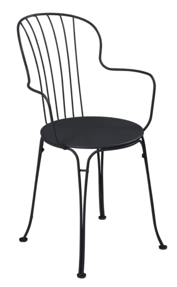 Load image into Gallery viewer, An outdoor metal armchair in antracite color by Fermob, featuring a sleek, modern design for outdoor patio or garden use.
