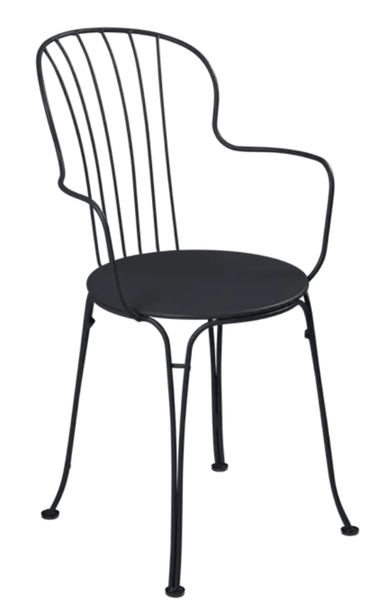 An outdoor metal armchair in antracite color by Fermob, featuring a sleek, modern design for outdoor patio or garden use.