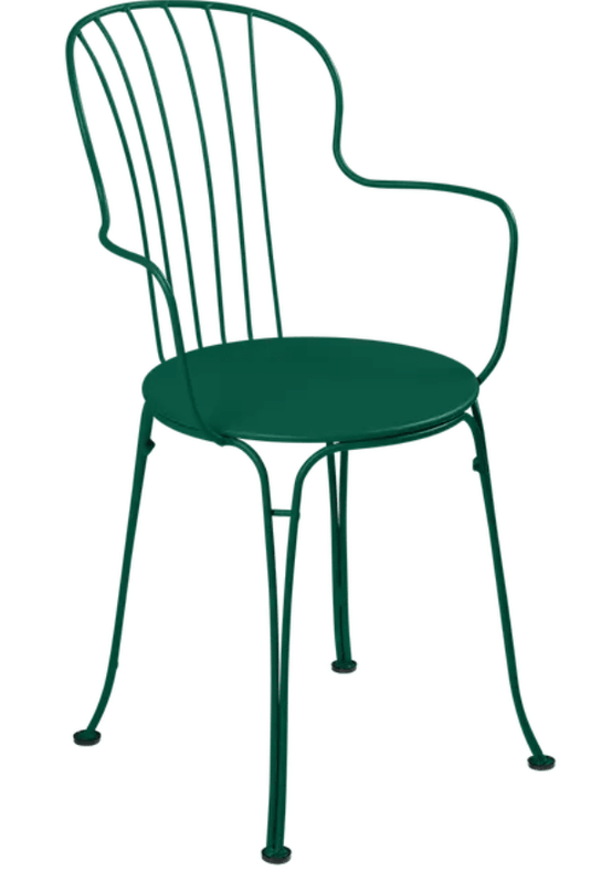 Cedar green Fermob OPÉRA+ outdoor metal armchair with a sleek, modern design for outdoor seating.
