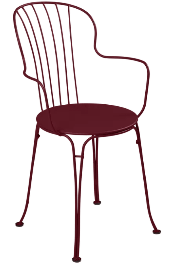 Load image into Gallery viewer, Cherry red Fermob OPÉRA+ outdoor metal armchair with sleek design and curved armrests, perfect for garden or patio seating.
