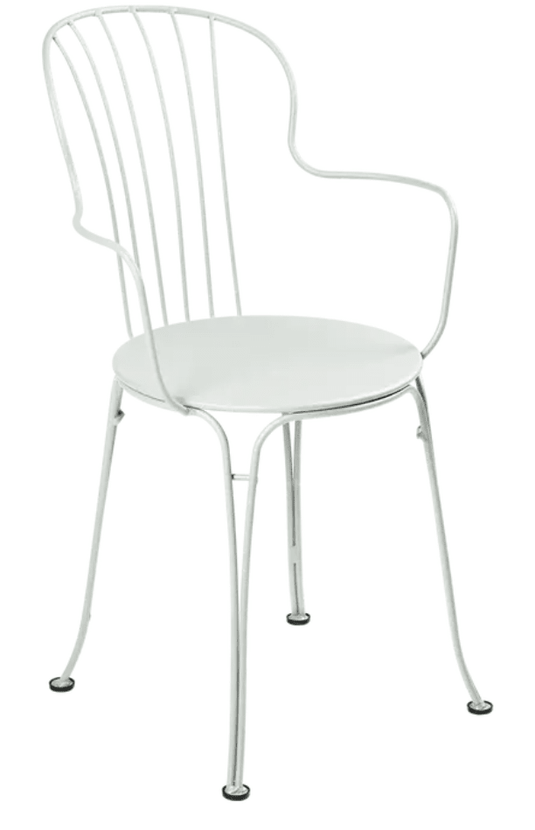 Clay grey Fermob OPÉRA+ outdoor metal armchair with a sleek, modern design suitable for outdoor seating.