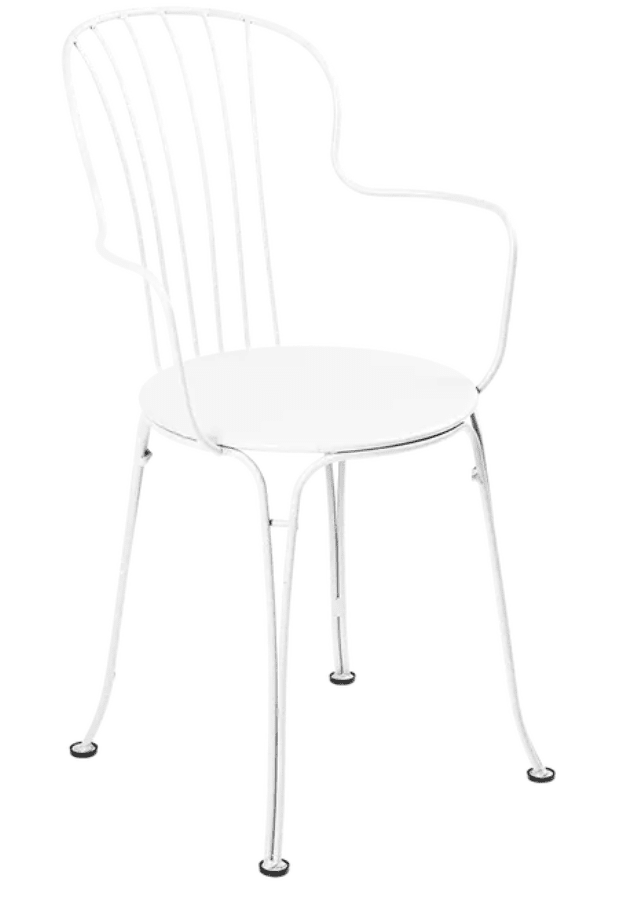 Load image into Gallery viewer, Cotton white Fermob OPÉRA+ outdoor metal armchair with curved armrests and slatted backrest, ideal for garden or patio seating.
