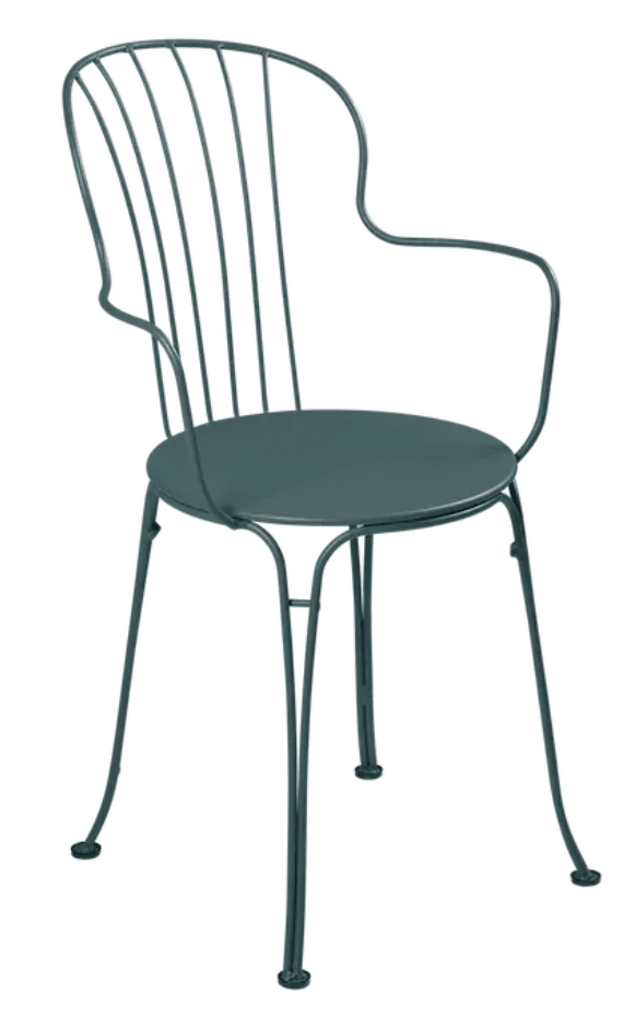 Load image into Gallery viewer, Fermob OPÉRA+ outdoor metal armchair in stormy grey with a sleek, modern design suitable for garden or patio seating.
