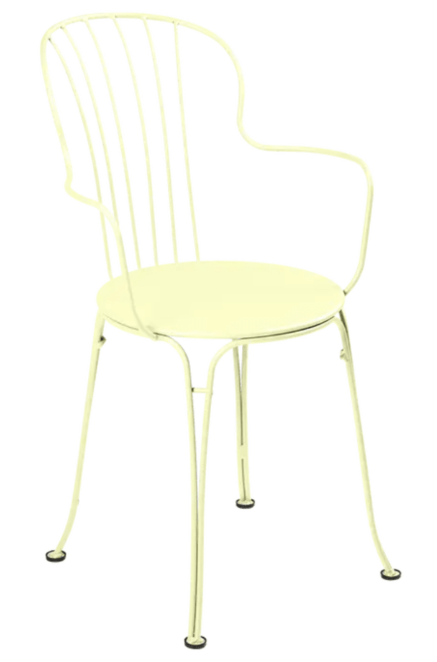 Load image into Gallery viewer, Fermob OPÉRA+ outdoor metal armchair with frosted lemon finish, stylish and durable for garden or patio seating.
