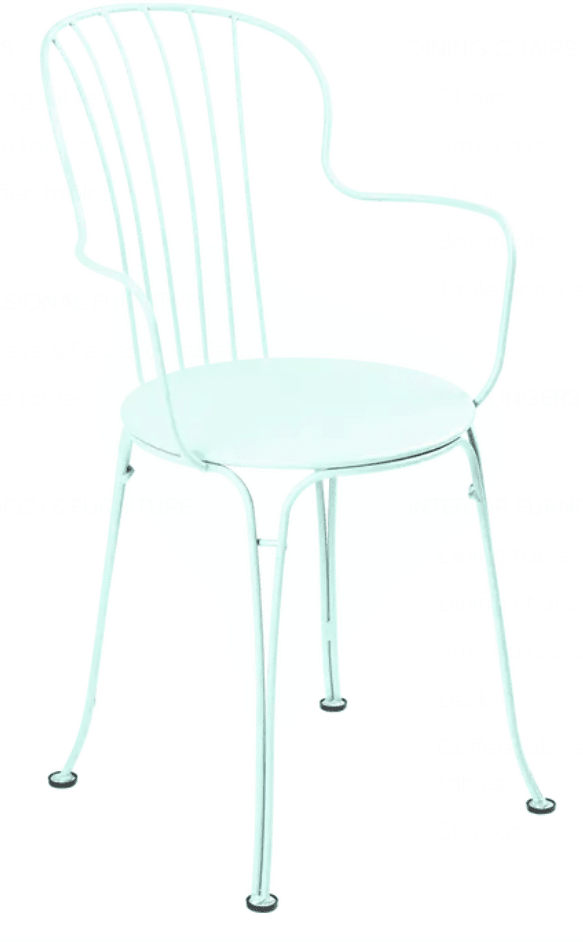 Load image into Gallery viewer, Ice mint Fermob OPÉRA+ outdoor metal armchair with curved armrests and slatted seat, perfect for garden or patio seating.
