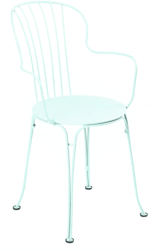 Ice mint Fermob OPÉRA+ outdoor metal armchair with curved armrests and slatted seat, perfect for garden or patio seating.